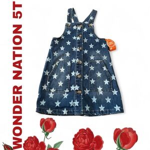 NWT Wonder Nation Girls Denim STARS Jumper Dress suspenders & button Front 5T